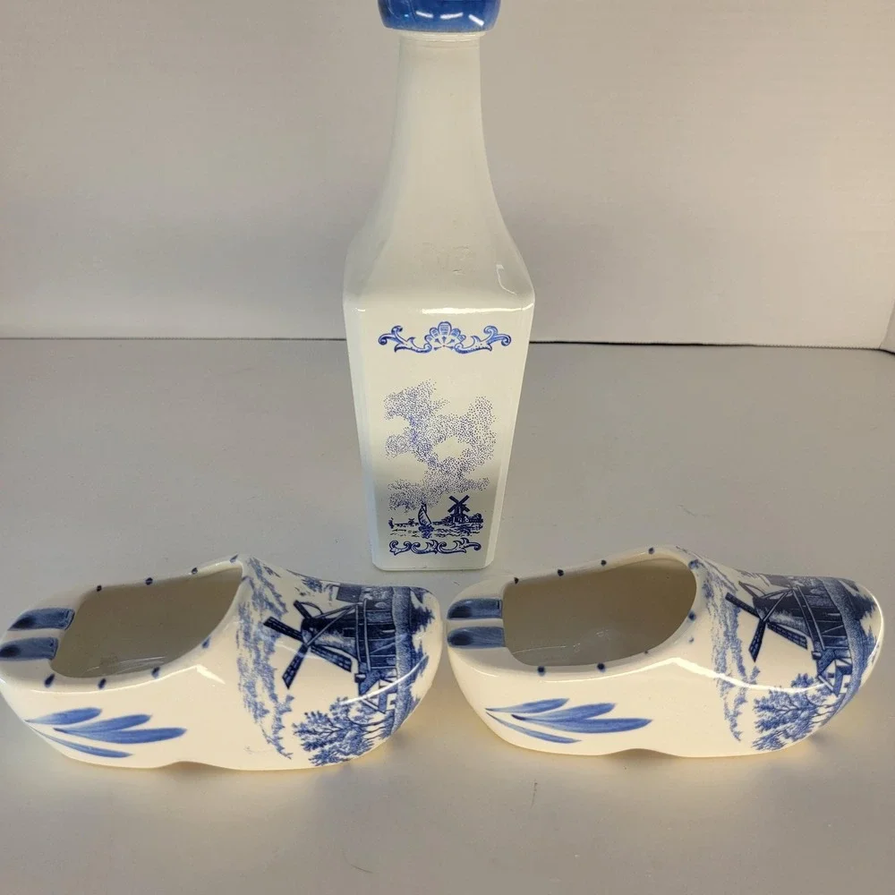 Vintage Delft Blue Windmill Decanter Set Clog Ashtrays Brechner Japan 3 Pc